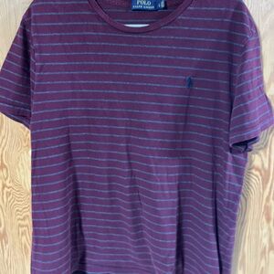 Polo by Ralph Lauren Men's Burgundy and Gray Striped Tee